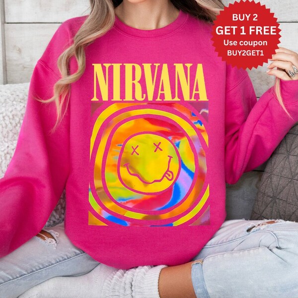 Nirvana Sweatshirt, Nirvana Smile Face Crewneck Sweatshirt, Nirvana Pink Sweatshirt, Trendy Pink Sweatshirt, Gift For Girls