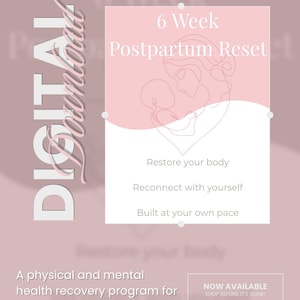 Puede incluir: Un folleto de descarga digital para un programa de 6 Week Postpartum Reset. El diseño presenta un esquema de color rosa y blanco con una ilustración de líneas de un padre o madre sosteniendo a un bebé. El texto incluye: 6 Week Postpartum Reset, Restore your body, Reconnect with yourself, Built at your own pace y Digital Download.