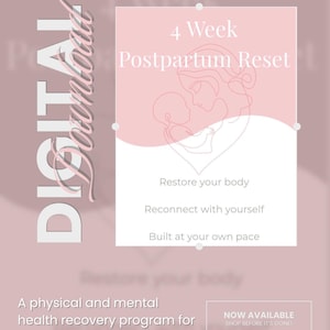 May include: A digital download document titled 4 Week Postpartum Reset featuring a line art illustration of a parent and infant. The text includes Restore your body, Reconnect with yourself, Built at your own pace, and A physical and mental health recovery program.