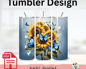 Tumbler Sublimation PNG Design - Butterflies & Sunflowers - Digital Download | #2