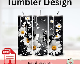 Tumbler Sublimation PNG Design - Butterflies & Daisies - Digital Download | #3