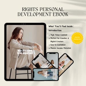 Puede incluir: Una portada de ebook con el título "RIGHTS PERSONAL DEVELOPMENT EBOOK". La imagen presenta a una mujer con un traje beige en la pantalla de una tableta, con el texto "Why Discipline Is So Important". Pantallas de teléfono más pequeñas muestran contenido.