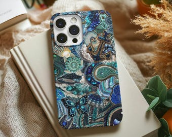 Blue Silver Beaded iPhone Case, 3D Nautical Design