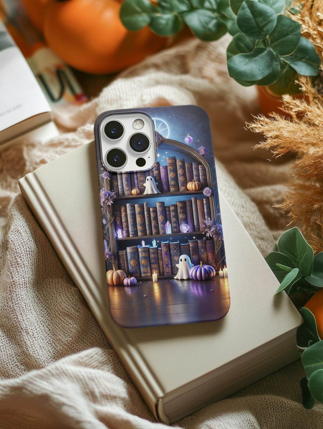 Halloween Bookshelf Aesthetic iPhone Case, Cute Ghost and Pumpkin