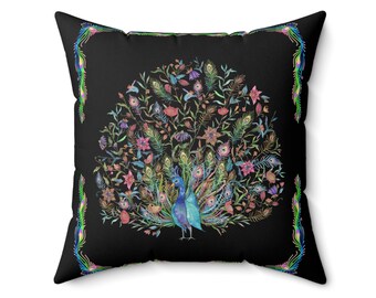 Vibrant Bohemian Peacock Throw Pillow: Decorative Faux Suede Cushion for Home Accents & Unique Gifts