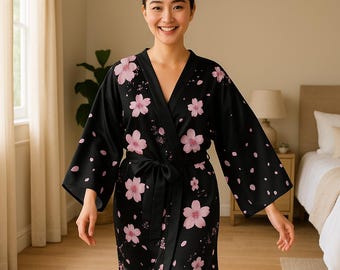 Elegante Florale Sakura Kimono Robe: Langarm Loungewear für Frühling Entspannung gemütlichen Komfort