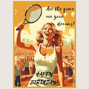 Carte d'anniversaire de tennis imprimable – « Réussissez le jeu, réalisez vos rêves !  - Carte d'anniversaire numérique pour les amateurs de tennis.  – Carte postale imprimable 5 x 7 pouces