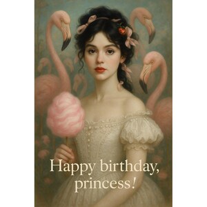 Cartão postal digital de feliz aniversário, cartão de felicitações de princesa, imagem de menina flamingo, imagem digital de conto de fadas, cartão de aniversário de princesa