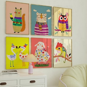 Colorful Animal Wall Art Set – Cute Nursery Prints, Playroom Decor, Whimsical Woodland Animals, Vibrant Illustration, Digital Download