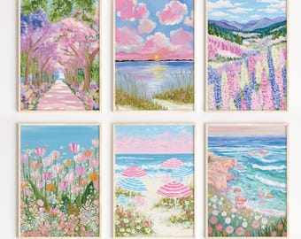 May include: Six framed art prints featuring pastel landscape paintings. The artwork includes scenes of a pink tree-lined path, a sunset over water, a field of purple flowers, and beach scenes with umbrellas and flowers.