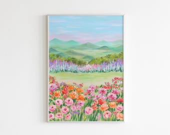 Pastel Floral Landscape Printable Art – Colorful Meadow Wall Decor with Mountains