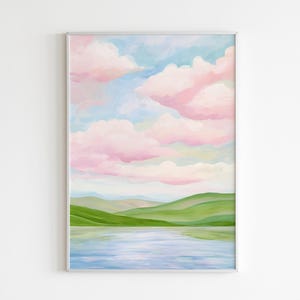Pastell Himmel Landschaft Kunstdruck | Wunderschöne Natur Wanddeko | Serene grüne Hügel und rosa Wolken Poster