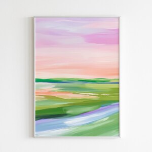 Póster de paisaje abstracto, pintura de amanecer, arte de pared abstracto, impresión de naturaleza relajante moderna, serenidad pastel