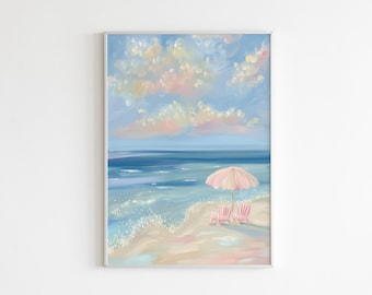 Pastel Beach Chairs Print: Coastal Summer Sunset (Digital Download)