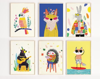 Colorful Woodland Animal Prints: Boho Nursery Wall Art (Digital Download)
