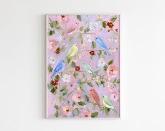 Pastel Bird Garden Print: Whimsical Floral Nursery Art (Digital Download