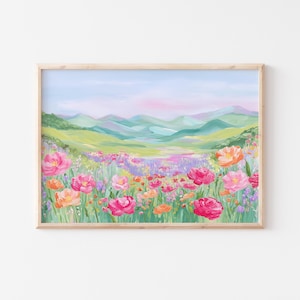 Spring Meadow Landscape Printable Art, Colorful Wildflower Field Digital Download, Bright Nature Wall Decor, Floral Mountain Poster