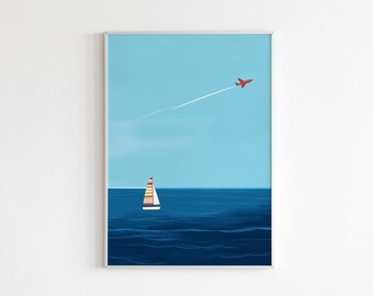 Minimal Ocean Landscape with Sailboat - Coastal Wall Decor - Nautical Wall Art