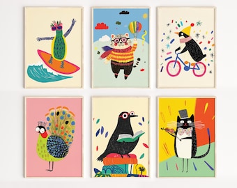 Colorful Animal Illustration Prints: Whimsical Kids Room Decor (Digital Download)