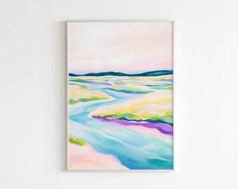 Pastel Landscape Art Print: Minimalist River Scene, Soft Colors