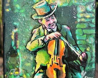Original Mixed Media Painting - 5x7 Violinist in Top Hat