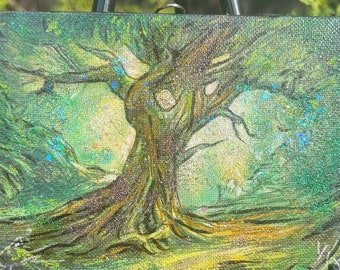 Enchanting Ancient Tree Mixed Media Original Painting - 5x7 Canvas Art, Nature-Inspired Fantasy Artwork, Unique Handmade Wall Decor