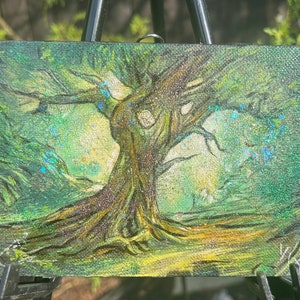 Enchanting Ancient Tree Mixed Media Original Painting - 5x7 Canvas Art, Nature-Inspired Fantasy Artwork, Unique Handmade Wall Decor