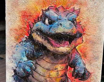 Original Mixed Media Dinosaur Painting 8x10 - Acrylic, Oil, Alcohol Ink, Mica Powder, Glass, Glitter