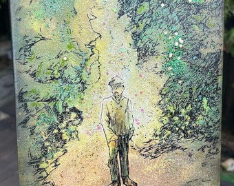 Mixed Media Original Painting - "He Met Me in The Garden" 8x10 - Acrylic, Oil, Mica, Glass, Glitter