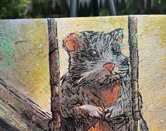 Original Mixed Media Painting - 8x10 Mouse Art with Glitter and Glass