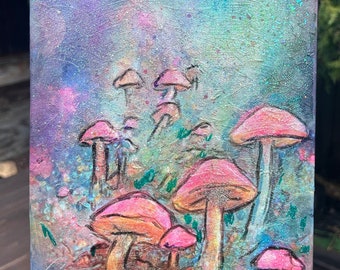 Whimsical Mixed Media Mushroom Forest Painting 8x10