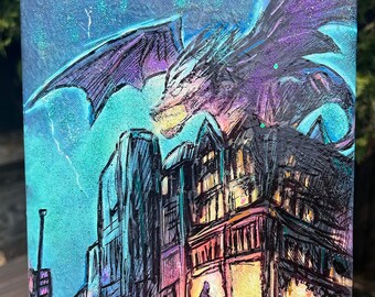 Mystical Dragon Over City - 8x10 Mixed Media Original Painting