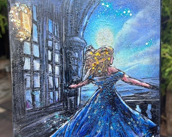 Enchanting Blue Dress Mixed Media Original Painting (8x10) - Starry Night Artwork