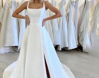 Classic A Line Wedding Dress with Side Split and Square Neck
