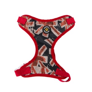 May include: Red dog harness with a black and brown geometric pattern. The harness has a small, round, yellow tag with a paw print and the text "Winston Walker" on it.
