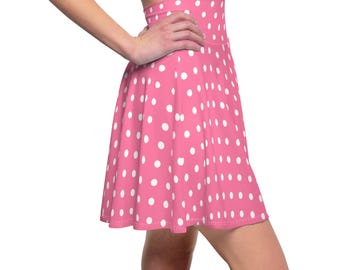 Pink Polka Dot Skater Skirt, Women&#39;s Clothing, Fashion, Casual Wear, Cute Flared Mini Skirt, Polka Dot Print, Handmade Apparel