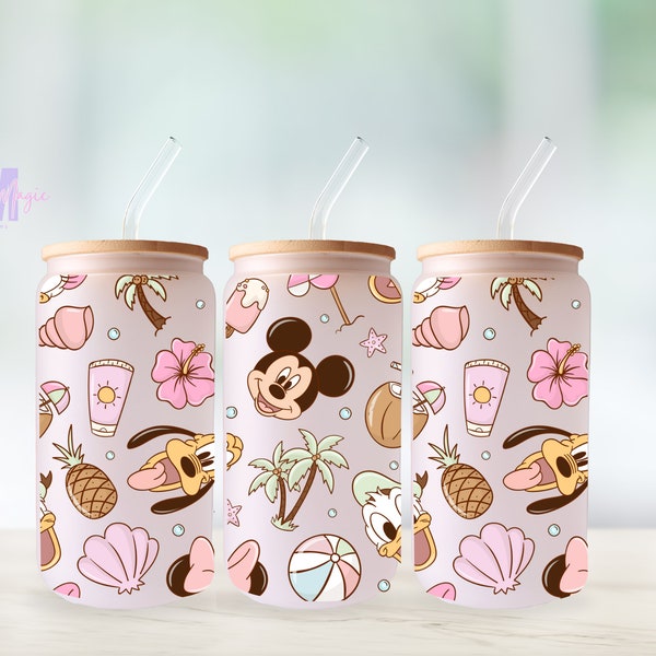 Tasse à café d'été avec souris et amis | Coupe d'été de 16 oz | Tasse en verre d'été Mouse | Tasse Mickey en verre givré | Mickey l'été.