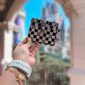 Checkered wallet with Pink Mickey Head – Cute Disney Wallet – Retro Park wallet – Black White Wallet for Disneybound Outfit