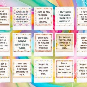 Pode incluir: Um conjunto de 16 cart&otilde;es de afirma&ccedil;&atilde;o imprim&iacute;veis coloridos com mensagens positivas. Os cart&otilde;es apresentam uma variedade de padr&otilde;es e designs, incluindo carinhas sorridentes, bolinhas e formas geom&eacute;tricas. O texto nos cart&otilde;es est&aacute; em negrito, na cor preta.