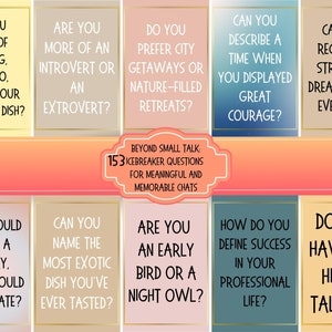 May include: A set of 10 peach-colored cards with gold trim, each featuring a different icebreaker question. The cards are arranged in a grid of 2 rows and 5 columns. The text on the cards is in black and white. The cards are titled "Beyond Small Talk: 153 Icebreaker Questions for Meaningful and Memorable Chats".