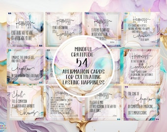 Happiness Affirmation Cards: 54 Printable Gratitude Prompts (Digital Download)