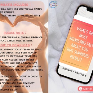 May include: A digital download of 153 conversation starter cards in a pink and orange color scheme. The cards feature the text "What's the most interesting fact about you that surprises people?" and the text "@Bubbly Positive".
