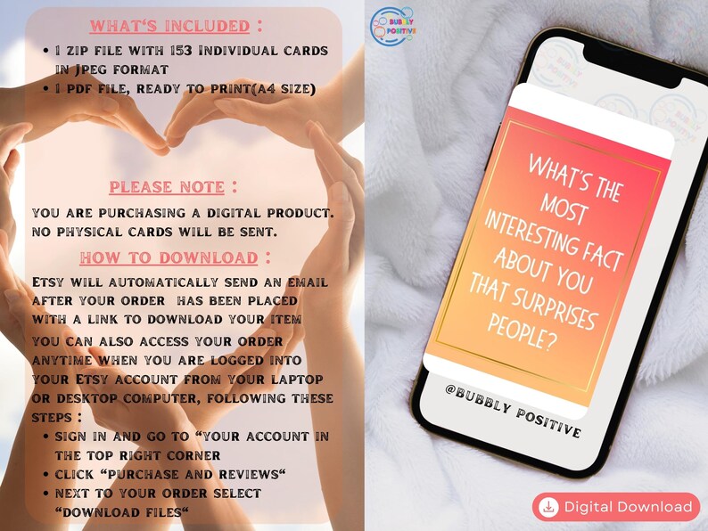 May include: A digital download of 153 conversation starter cards in a pink and orange color scheme. The cards feature the text "What's the most interesting fact about you that surprises people?" and the text "@Bubbly Positive".