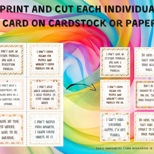 Pode incluir: Um conjunto de 10 cart&otilde;es de afirma&ccedil;&atilde;o imprim&iacute;veis com fundos coloridos e mensagens positivas. Cada cart&atilde;o mede 9,1 cm por 9,1 cm. Os cart&otilde;es incluem mensagens como "N&atilde;o tenho um problema de atitude, voc&ecirc; tem um problema de percep&ccedil;&atilde;o." e "N&atilde;o cruzo oceanos por pessoas que n&atilde;o cruzariam po&ccedil;as por mim."