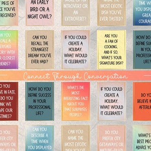 May include: A colorful set of conversation starter cards with questions printed on each card. The cards are arranged in a grid pattern and feature a variety of colors, including red, orange, yellow, green, blue, and purple. The cards are designed to help people connect and learn more about each other.