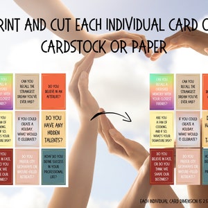 May include: A set of nine colorful cards with thought-provoking questions printed on them. The cards are designed to be cut out and used for conversation starters or icebreakers. Each card measures 2.5 inches by 3.7 inches.