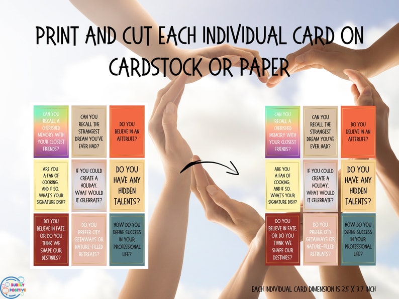 May include: A set of nine colorful cards with thought-provoking questions printed on them. The cards are designed to be cut out and used for conversation starters or icebreakers. Each card measures 2.5 inches by 3.7 inches.