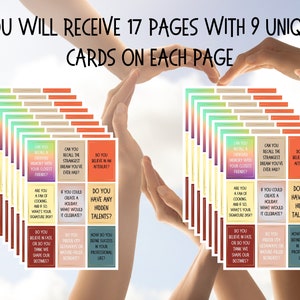 May include: A set of 17 pages with 9 unique cards on each page. The cards feature a variety of questions designed to spark conversation and connection. The cards are arranged in a circle, with hands forming a heart shape around them.