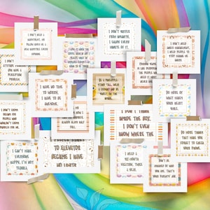 Pode incluir: Um conjunto de 14 cart&otilde;es coloridos com cita&ccedil;&otilde;es inspiradoras impressas neles. Os cart&otilde;es t&ecirc;m uma variedade de padr&otilde;es e bordas. As cita&ccedil;&otilde;es incluem: "N&atilde;o preciso de um terapeuta, meu travesseiro me d&aacute; uma nova perspectiva todas as manh&atilde;s", "Adoro quando a cafeteria tem meu pedido certo, mas sou desconfiado o suficiente para entrar e verificar", "N&atilde;o tenho tempo para me preocupar, tenho que ser incr&iacute;vel", "N&atilde;o rastejo para as pessoas que n&atilde;o cruzariam po&ccedil;as por mim", "N&atilde;o posso fazer todo mundo feliz, n&atilde;o sou tequila", "Para o elevador porque tenho problemas de pai", "N&atilde;o sofro de vaidade, aproveito cada minuto", "O senso comum &eacute; como o desodorante, as pessoas que mais precisam dele nunca o usam", "Acho que penso dentro da caixa. Nem sei onde est&aacute; a caixa", "Fa&ccedil;a mais do que faz seu cora&ccedil;&atilde;o sorrir", "Fa&ccedil;a mais coisas que te fa&ccedil;am esquecer de verificar seu telefone", "N&atilde;o preciso de um terapeuta, preciso que as pessoas parem de me irritar", "N&atilde;o tenha vergonha de quem voc&ecirc; &eacute;. Essa &eacute; sua prioridade", "Preciso de f&eacute;rias de seis meses, duas vezes por ano."