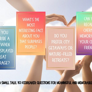 May include: Four colorful cards with icebreaker questions for conversation starters. The cards are held up by hands forming a heart shape. The text on the cards reads: "Can you describe a time when you displayed great courage?", "What's the most interesting fact about you that surprises people?", "Do you prefer city getaways or nature-filled retreats?", and "Can you recall a cherished memory with your closest friends?"